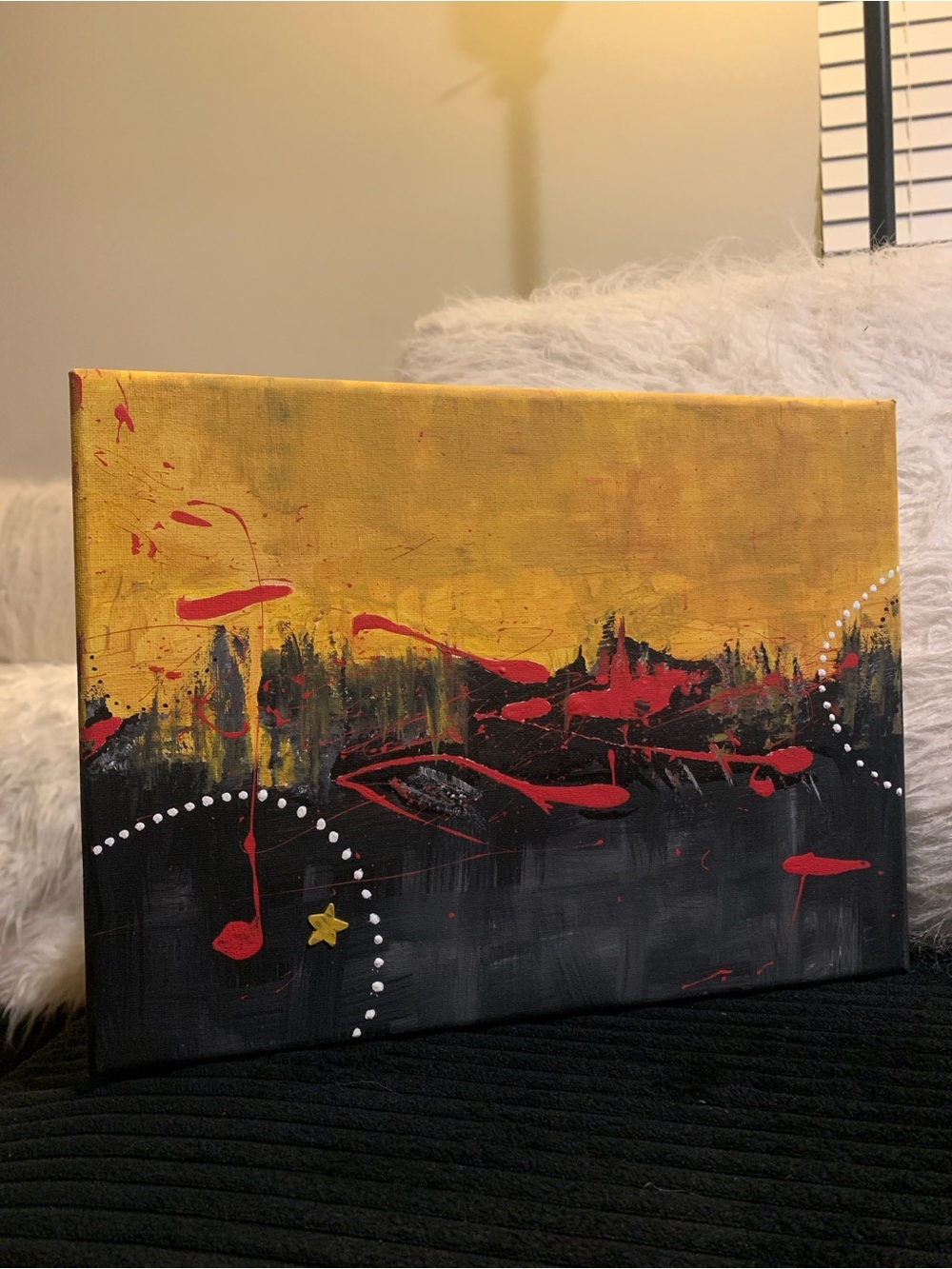 Abstract Gold & Black Canvas Painting with Red Accents
